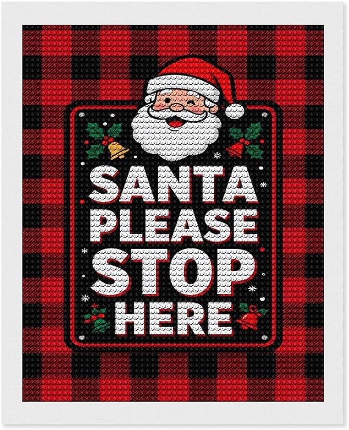 AIVKIEJK Diamond Painting Kits for Adults - Holly & Stars, Santa Please Stop Here Painting DIY 5D Full Drill Diamond Dots Paintings with Diamonds Gem Art and Crafts Home Decor 16"x20"