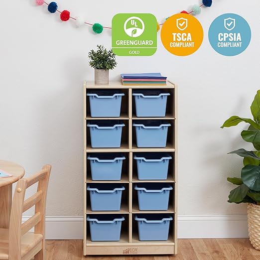 ECR4Kids 10 Cubby Tray Cabinet with Scoop Front Storage Bins, 5x2, Classroom Furniture, Powder Blue