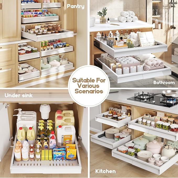 4 Pack Pull Out Cabinet Organizer With Raising Pad for Framed Cabinets,Expandable Width (13"-21") and Depth (17"-24"),3 Slide Rails Slide Out Drawers with Handle,No-Drill Roll Out Shelf,White