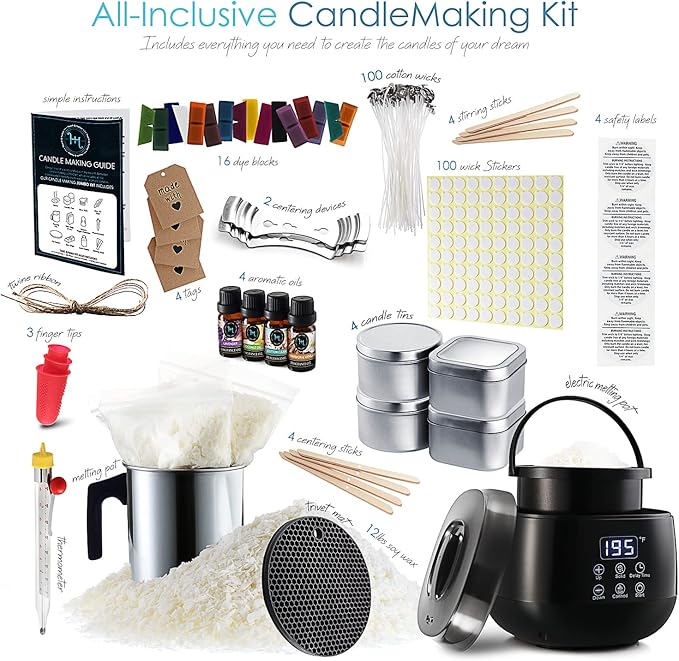 Hearth & Harbor Organic Soy Candle Making Kit for Adults, DIY Crafts, Complete Candle Making Supplies Include Natural Soy Wax, Tins, Electric Pot, Scents, Wicks & More – Gift Idea, Home Decor – 12 Lbs