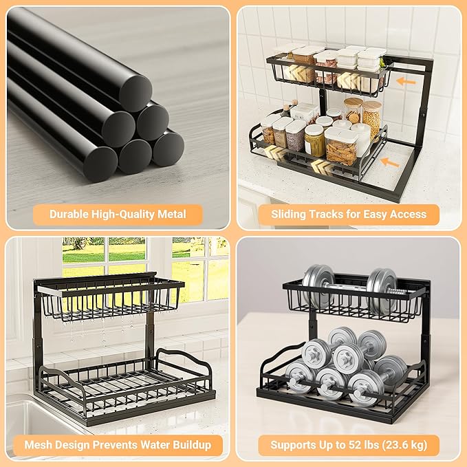AceMining Under Sink Organizer 2 Pack, L-Shaped 2 Tier Pull Out Cabinet Organizer with Sliding Drawer, 5-Level Height Adjustable Metal Under Sink Storage for Kitchen, Bathroom Organization
