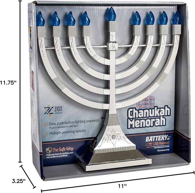 Zion Judaica Pack of 2 Hanukkah Electric Menorahs LED USB Powered Menorah Electronic Hanukkiah Battery Minorah Flamless Chanukah Candles (Silver, 2)