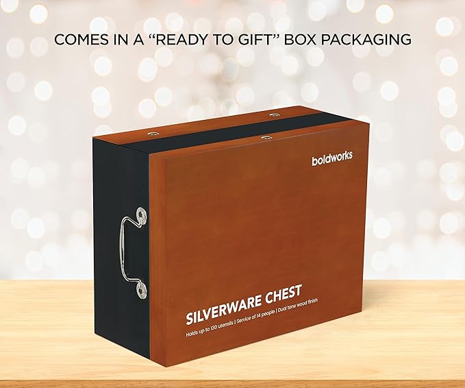 boldworks Silverware Storage Box Silverware Chest Case for Silver Flatware with Lid Tarnish Proof Felt Lined Partition and Drawer Holds Service for 14 Includes Polishing Cloth