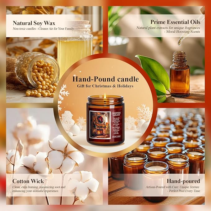 Christmas Candles | Christmas Garland Scented Candle, Holiday Soy Wax Candles for Home Scented, Aromatherapy Gifts for Women and Men, Cozy Winter Candle for Home Decor, 7 oz