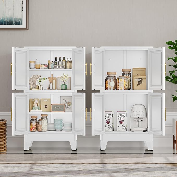 47“H White Metal Bathroom Storage Cabinet, Kitchen Pantry Cabinet with Doors and 3 Adjustable Shelves, Bathroom cabinets Organizer, for Home Office, Bedroom