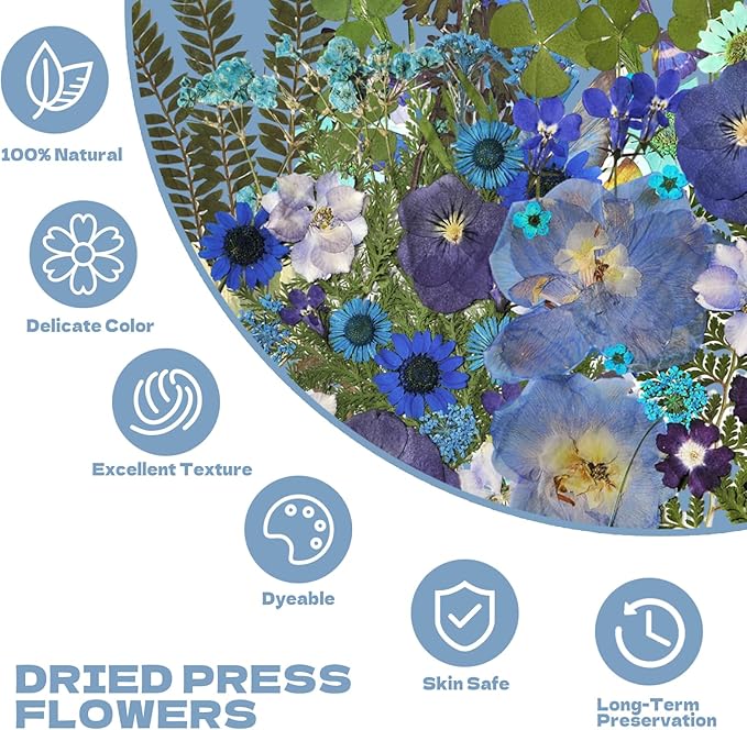 CONVELIFE Pressed Flowers112 Pcs , Blue Natural Dried Pressed Flowers with 10Butterfly Stickers, Pressed Leaves kit for Scrapbook Supplies Card Making Resin Jewelry Making Soap Candle DIY Crafts