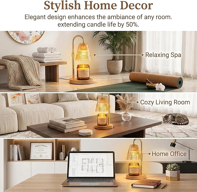 Candle Warmer Lamp with Timer and Dimmer, Adjustable Height Jar Candle Wax Warmer, Flameless Halogen Heat, 2 Replacement Bulbs, Gifts for Women Mom, Living Room Bedroom Decor