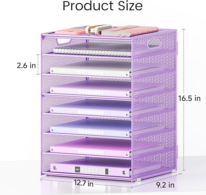 Lavatino 8-Tier Office Desk File Organizer, Letter Tray Paper Organizer with Handle, Including 5 Adjustable Slide Trays for Organizing Desktop Workspace Accessories and Supplies (Purple Metal Mesh)