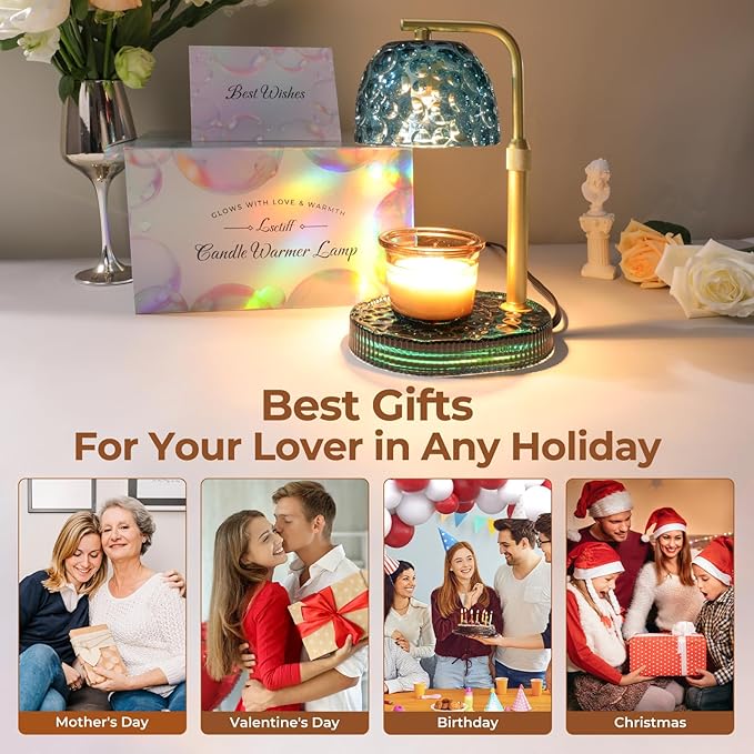 Candle Warmer Lamp with Timer Dimmer, Honeycomb Crystal Wax Melt Warmer for Jar Candles, Adjustable Height Wax Warmer Lamp with 2 Bulbs for Women Mom Gift New Home Bedroom Decor (Blue)