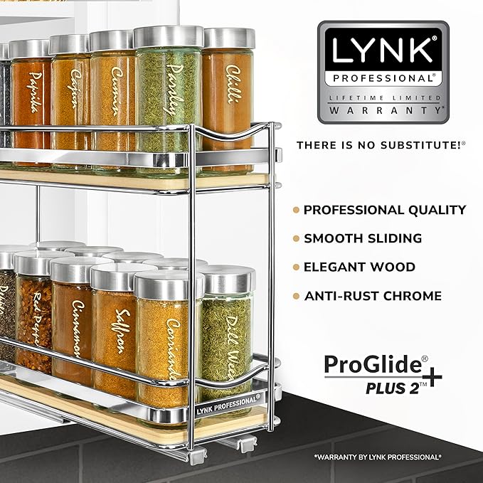 LYNK PROFESSIONAL® Élite™ Pull Out Spice Rack Organizer for Inside Kitchen Cabinets - 4-3/8 inch Wide - Slide Out Drawer – Wood/Chrome Sliding Spice Organization for cabinet - Spice Racks - 2 Tier