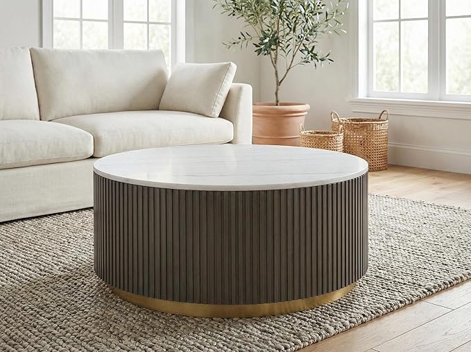 Furnifact White and Charcoal Round Coffee Table Jason Marble Top Contemporary Design Durable Wood Finish Stylish Living Room Accent
