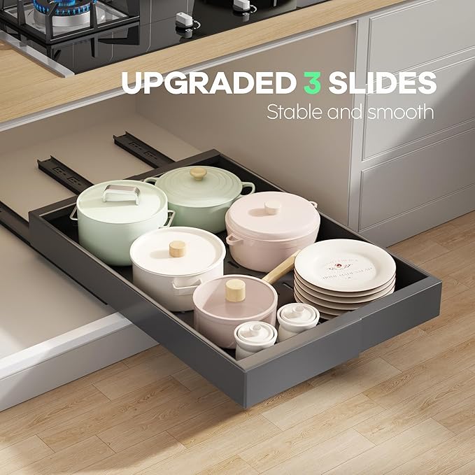 Seinloes 4 Pack Pull Out Cabinet Organizer 21" Deep with Raising Pad for Framed Cabinets, Expandable (9"-14" W) Slide Out Drawers for Kitchen Cabinets with 4pcs Divider Racks, Roll Out Shelves, Black