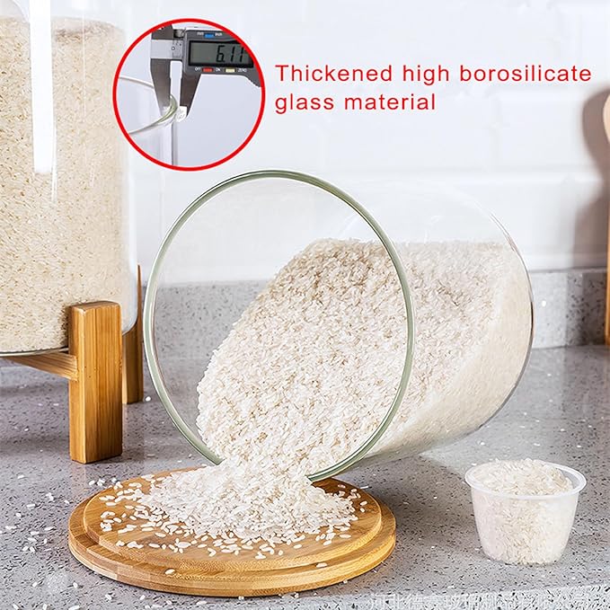 Glass Rice Dispenser 5L, Cereal Dispenser Countertop, Grain Dispenser/Food Storge Container for Kitchen and Pantry Organization, Cereal Dispenser with Bamboo Holder