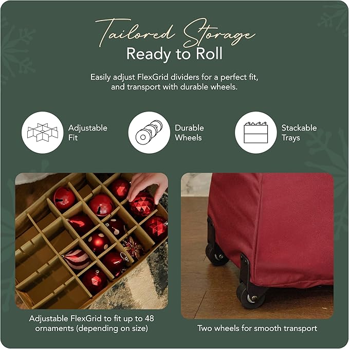 Covermates Keepsakes Rolling Adjustable Ornament Storage Bag – Heavy-Duty Polyester, FlexGrid Trays & Padded Dividers – Protective Holiday Organizer with Wheels, Handles & ID Window, Red