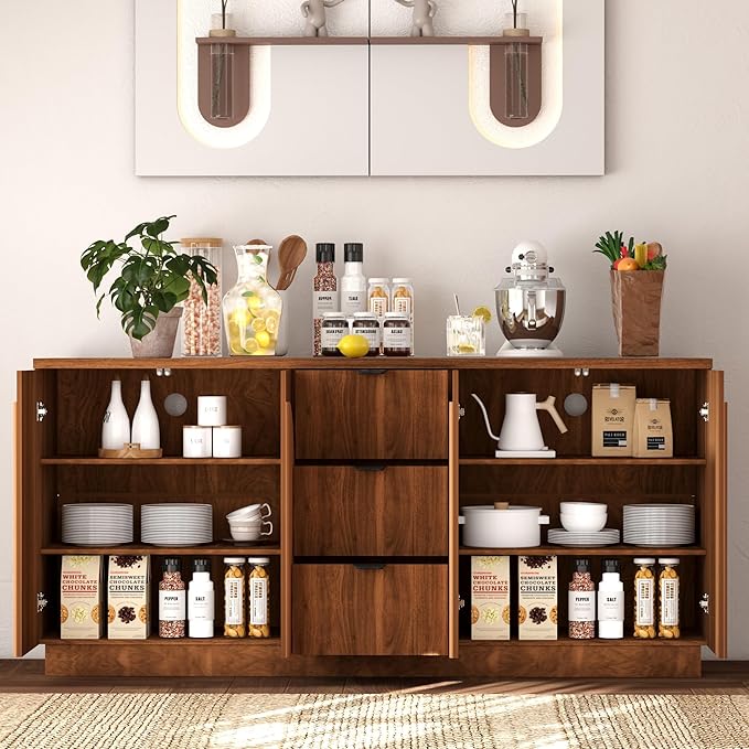 Brafab 67" Mid Century Modern Style Storage Sideboard with 4 Arched Reeded Design Doors and 3 Drawers with Adjustable Shelves, Suitable for Living Rooms, Studies and Dining Rooms (Walnut, 2 PCS)