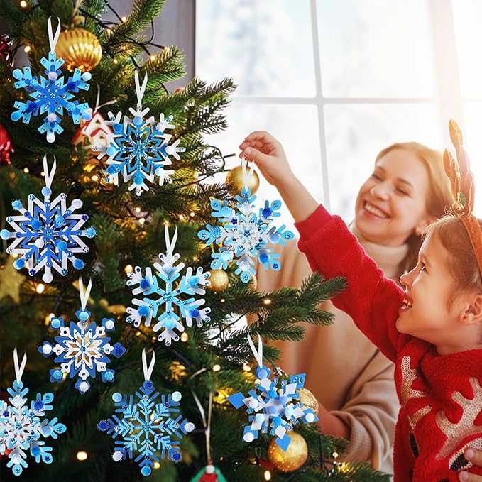 Funrous 48 Sets Snowflake Crafts Kit Winter Paper Crafts DIY White Snowflake Christmas Hanging Ornaments with Pompoms Diamond Stickers for Holiday Classroom Activities Arts Party Favors