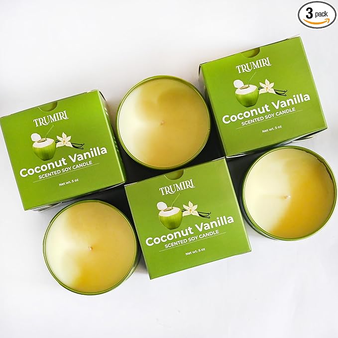 Coconut Vanilla - Aromatherapy Candles for Home Scented - Pack of 3-5oz Natural Soy Wax Clean Organic Non Toxic - Long Lasting Highly Scented with Essential Oils - Gifts for Women Relaxing Spa