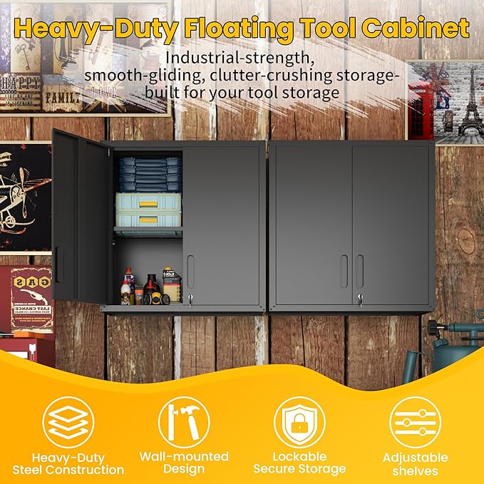 Garage Storage Cabinets Wall Mount, Locking Metal Wall Cabinets with Doors and Adjustable Shelves, Floating Hanging Storage Cabinet for Garage, Basement