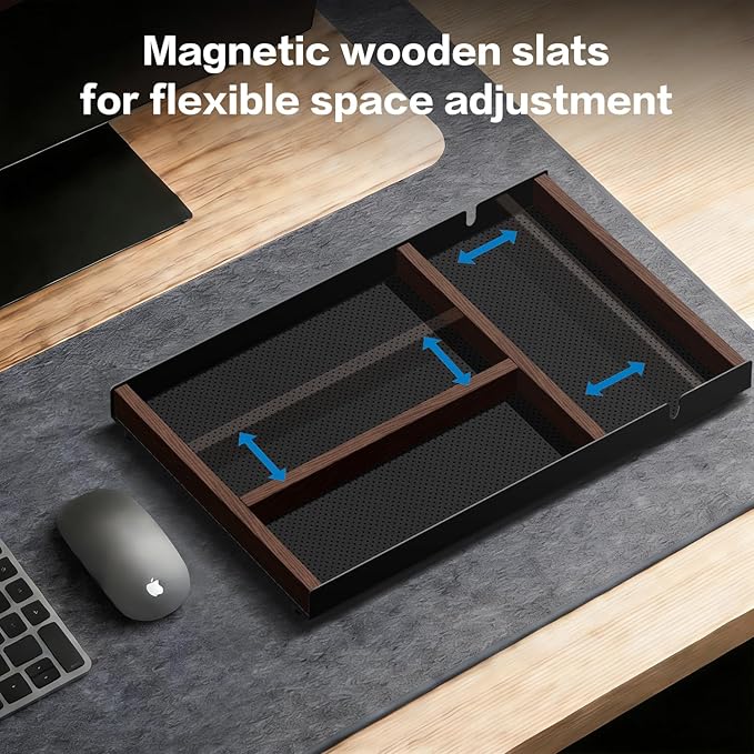 Desk Drawer Organizer Tray With Removable Magnetic Wooden Strip,Freely Adjustable Space,Made of Aluminum and Walnut,Valet Tray for Mens,Desk Accessories for Office/Home/Nightstand