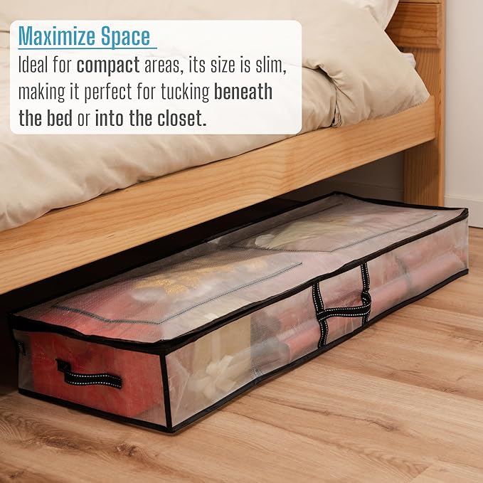 VENO Clear Wrapping Paper Organizer Storage Box for Christmas Gift Bags and Holiday Accessories, Underbed Storage Container with Interior Pockets, 40 Inches Long Fits 24 Rolls