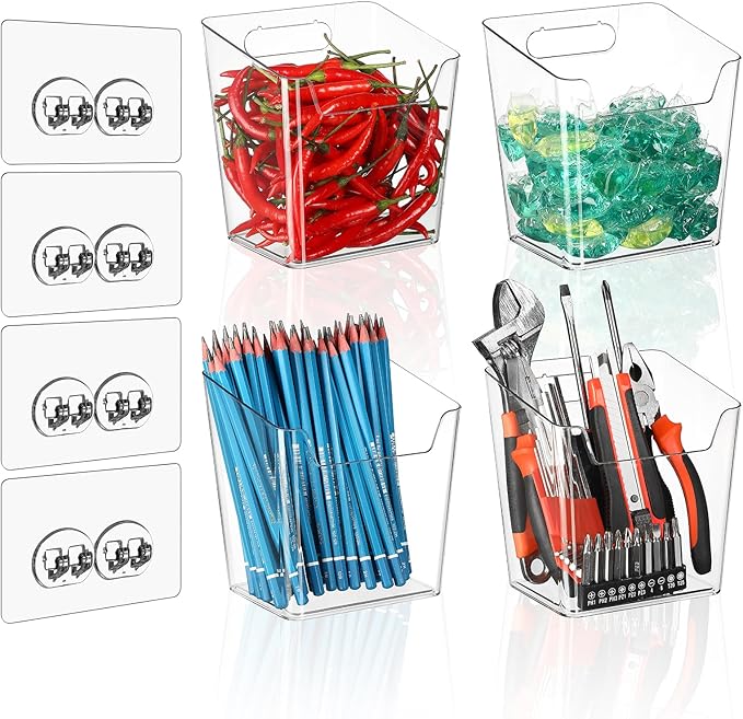 4 Pack Drink Packet Organizer, Clear Acrylic Cabinet Door Organizer Adhesive, Wall Mount Caddy Utensil Holder Floating Bin for Tea Bag Kcup Storage, Sewing Tools, Laundry Pods, Small Cleaning Supply