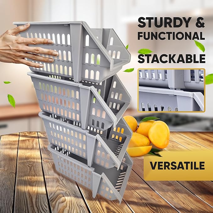 Skywin TidyFriend Small Stackable Storage Bins for Toy Organizer and Storage 4 Pack, Toy Storage Organizer for Kids Room and Home Organization (Light Grey)