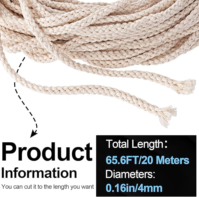 65.5 Ft Cotton Wicks for Oil Lamps, 1/8 in Braided Round Candle Wicks Replacements for Oil Candle Wicks, Candlemaking, Candle Supplies (20m)