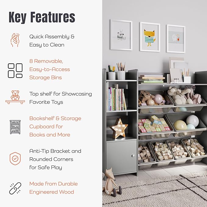 Sturdis Toy Storage Organizer with Bookshelf, Kids Playroom Organization Shelving Unit with Removable Storage Bins & Safety Anti-Tip Bracket, Gray