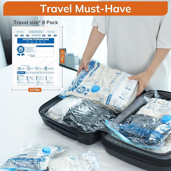 Vacuum Storage Bag with Cordless Electric Air Pump, 8 Pack(17.7 * 13.7 in) Double Zip Seal Space Saver Bag, Vacuum Sealer Bags for Travel and Outdoor Storage