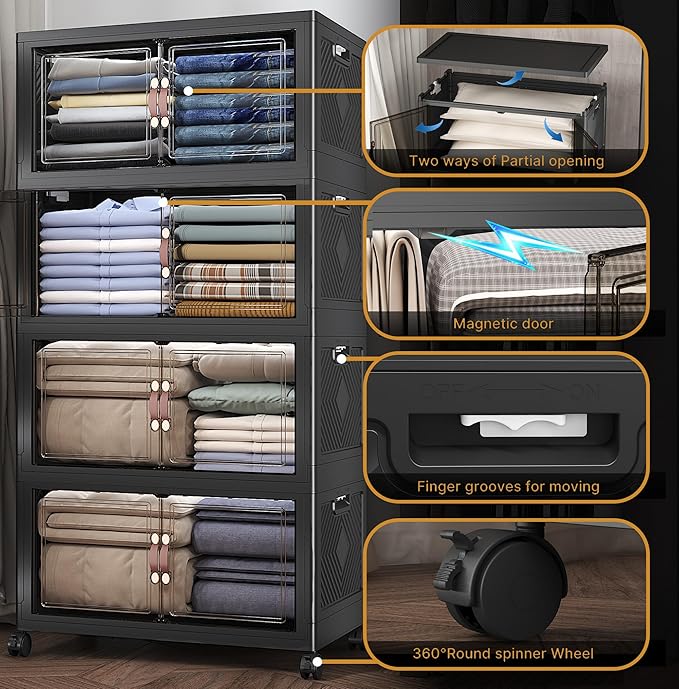 UAMFURI Extra Large Stackable Storage Bins with Lids & Wheels, Foldable Collapsible Closet Organizers Dark Storage Cabinet with Doors for Bedroom Dorm
