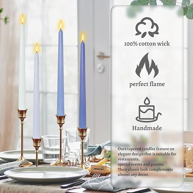 Handmade Gradient Blue Sea Salt Scented Taper Candlesticks Long Lasting Smokeless Aromatherapy Candles 10 Inch Tall Elegant Candles for Home Decoration Wedding Party Gift