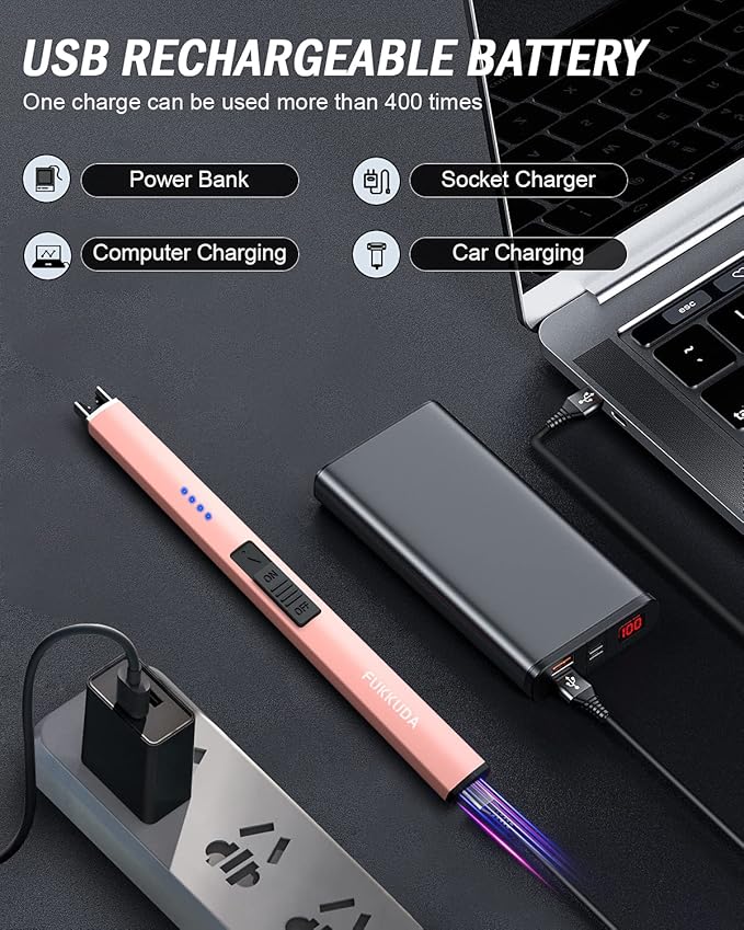 FUKKUDA Electric Candle Lighter with Gift Box - USB Rechargeable Windproof & Flameless Plasma Arc Lighter for Candles, Bohemia Box Rose Gold