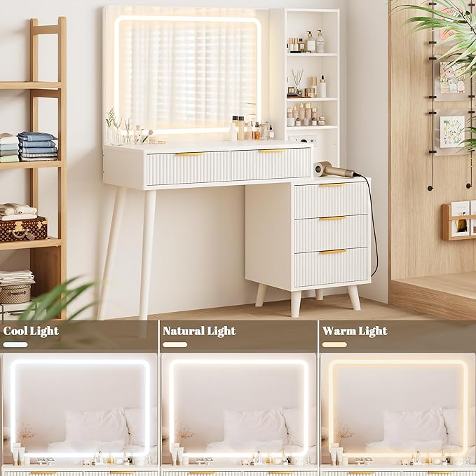Vanity Desk with Mirror and Lights, Makeup Vanity Desk with Power Outlet, Makeup Desk with 5 Drawers&Storage Shelves, Vanity Table 3 Color Modes Adjustable Brightness Dressing Table Set for Bedroom