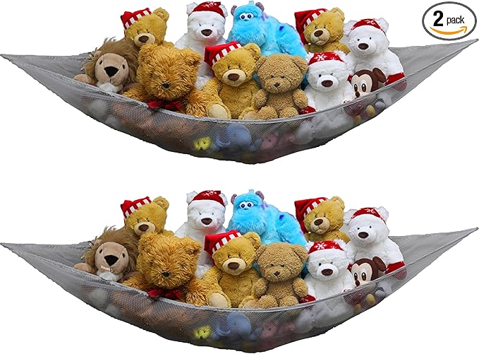 Simple Houseware 2 Pack Stuffed Animal Toy Hammock Net, Corner Wall Storage for Kids Room, Gray