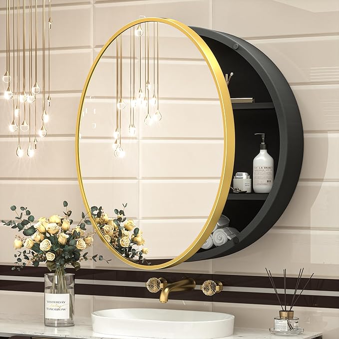 TokeShimi 24 Inch Round Bathroom Medicine Cabinet with Mirror Surface Mount Only Circular Gold Framed Farmhouse Medicine Cabinets for Wall Small Circle Mirrored Bath Cabinet with Vanity Mirror