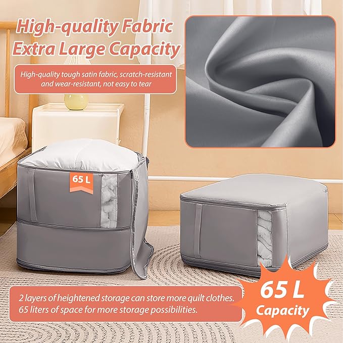 Veki Comforter Storage Bag, Space Saving Self Compression Foldable Blanket Storage Bags, Closet Organizer With Handle and VisualiZation Window, Large capacity 130L for Bedding, Clothes (Grey L)