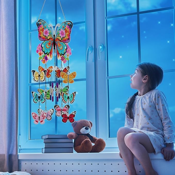 Butterfly Diamond Dots Wind Chimes DIY Kits 5D Diamond Art Painting Wind Chime Butterfly Hanging Ornaments Double Sided Special Shaped Gem by Number Stitch Wind Chime Pendant for Yard Tree Home Decor