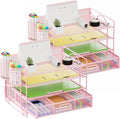 Marbrasse Desk Organizer and Accessories4-Tier Paper File Letter Tray Accessories & Workspace Desk Organizers with Drawer and 2 Pen Holders for School Home Office Supplies(Pink)-2P