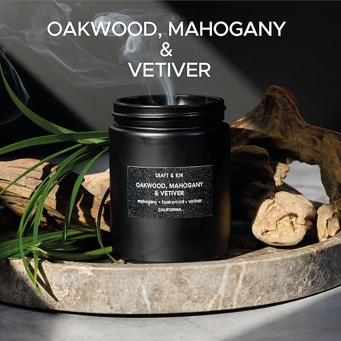 Craft & Kin Premium Oakwood, Mahogany & Vetiver Candle | Black Scented Candles for Men | Long Lasting with 45 Hour Burn Time, 7.6oz | Soy Candles | Aromatherapy at Home