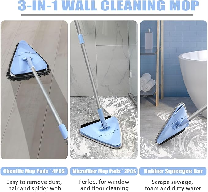 NEWE Wall Washer Mop with 80 Inch Long Handle, Wall and Ceiling Cleaner, 180° Folding Wall Scrubber with Long Handle, Triangle Baseboard Scrubber, 4 Chenille Duster & 2 Microfiber Pads