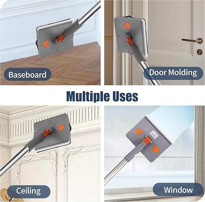 NexaGlow Baseboard Cleaner Tool with Handle | 3-in-1 Adjustable Cleaning Mop with Microfiber Pads & Gloves | 180° Wall Mop Cleaner with 66" Long Handle for Walls, Windows, Floors & Baseboards