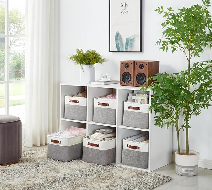 DECOMOMO Storage Baskets for Shelves - Fabric Storage Bins, Linen Closet Organizers and Storage (Grey & White, Large - 1 Pack)
