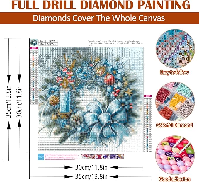 Christmas Candle Wreath Diamond Art Painting Kits for Adults, Winter Diamond Painting Kits for Adults Beginners, 5D DIY Full Drill Diamond Dot Gem Art Kits for Adult, Home Wall Decor 13.8x13.8 Inch