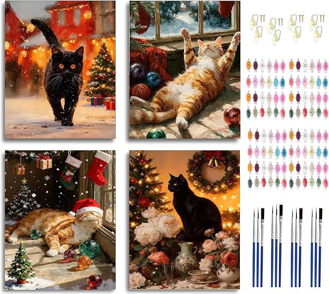 Paint by Number Kit for Adults & Kids, 4 Pack Christmas Cat Scenes 12x16Inch Framed