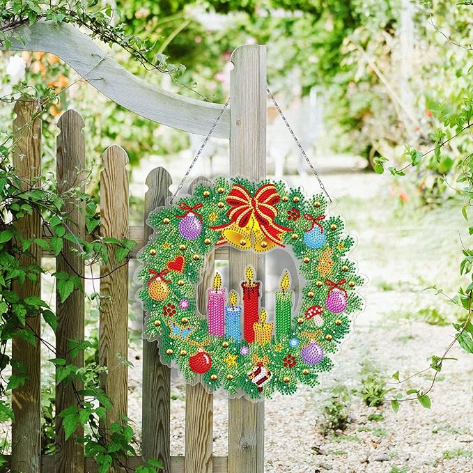 Diamond Art Christmas Candle Bells Wreath with LED Light String DIY 5D Diamond Dots Painting Christmas Hanging Pendant Special Shaped Gem Paint by Number Kits for Front Door Home Wall Christmas Decor