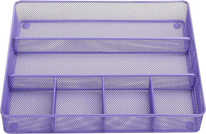 Annova Desk Top Organizer Tray for Office Organization - Metal Mesh - Storage Tray with Dividers for Pens, Desktop Accessories, Bathroom, Kitchen, Makeup and Office Supplies (Large, Purple)