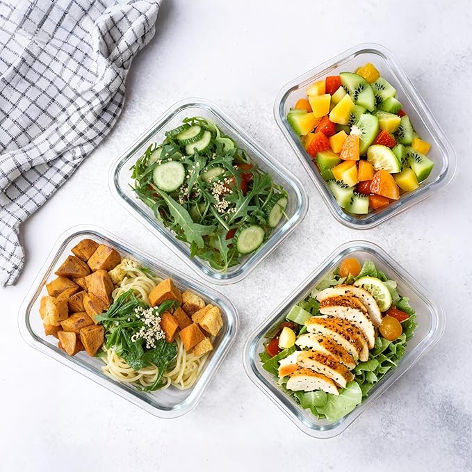 KAMOTA Glass Food Storage Containers, 10 Pack Glass Meal Prep Containers, Airtight Containers with Snap-Lock Lids, 22 oz Grey Container Set with Lids, for Microwave/Oven/Freezer/Dishwasher