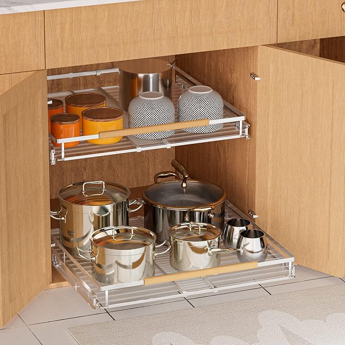 SANNO Pull Out Cabinet Organizer, Cabinet Slide Out Shelf, Pots Pans Organizers Shelves with Sliding for Cupboard Pantry Under Sink Closet, Expandable Width 17.1to 27" W x 22.5" D