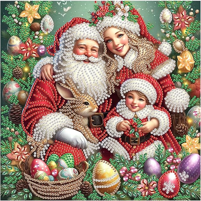 antor 5D Special Shape Diamond Painting Kits for Adults, Santa Claus Family and Easter Bunny Diamond Art with Sparkling Crystals, Christmas and Easter Home Wall Decoration Gift 12×12 Inch