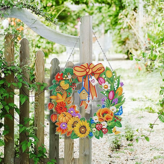 5D Diamond Dots Fall Wreath with LED Light String DIY Pumpkin Sunflower Diamond Art Painting Thanksgiving Wreaths Hanging Pendant Special Shaped Beads by Number Kits Farmhouse Wall Front Door Decor